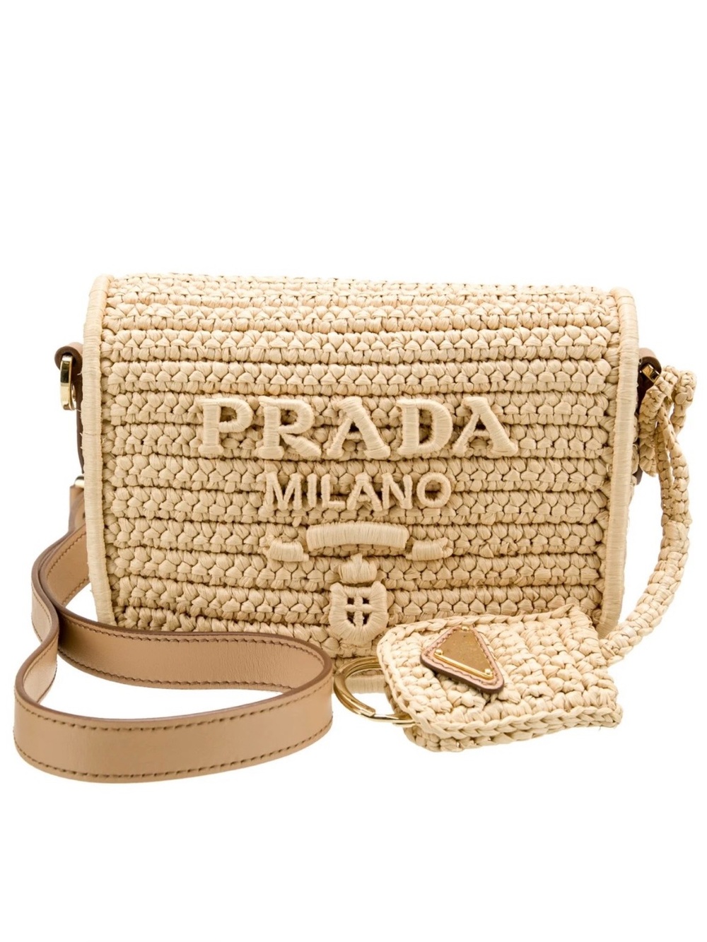 Authentic Prada Beige Raffia Milano Crossbody with Leather-Trim